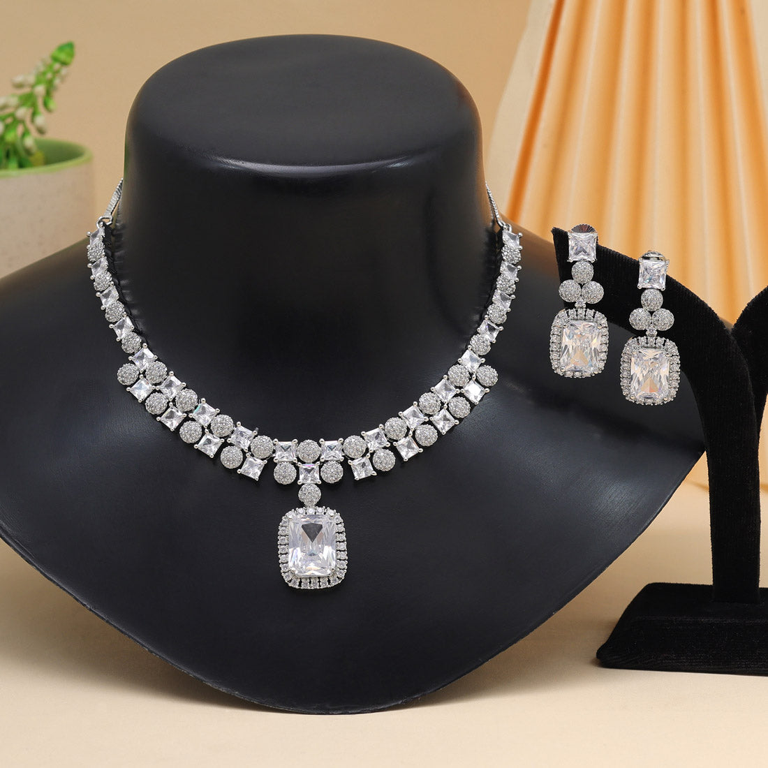 Silver Color American Diamond Necklace Set (CZN937SLV)