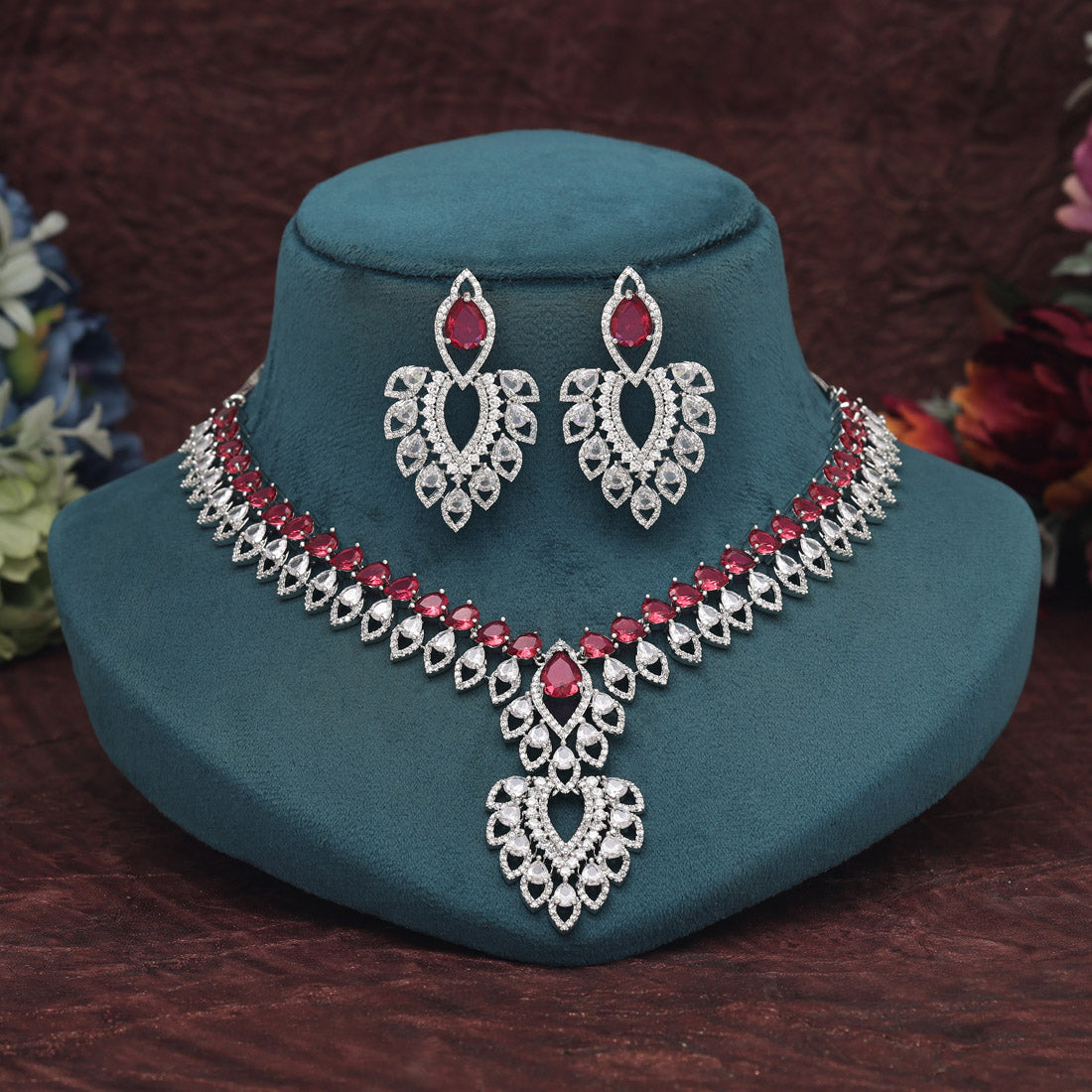 Ruby Color American Diamond Necklace Set (CZN969RUBY)