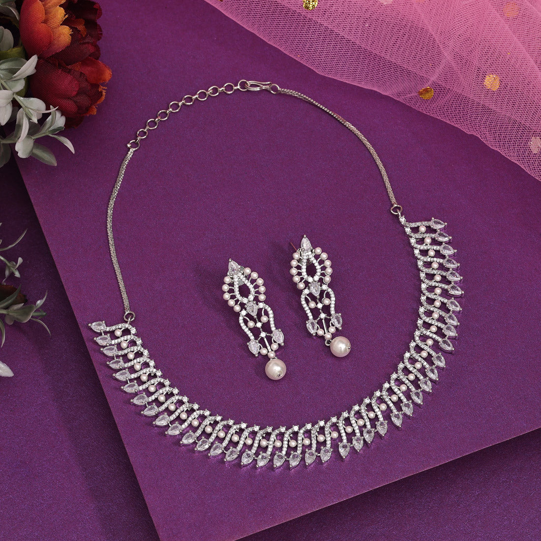 Silver Color American Diamond Necklace Set (CZN978SLV)