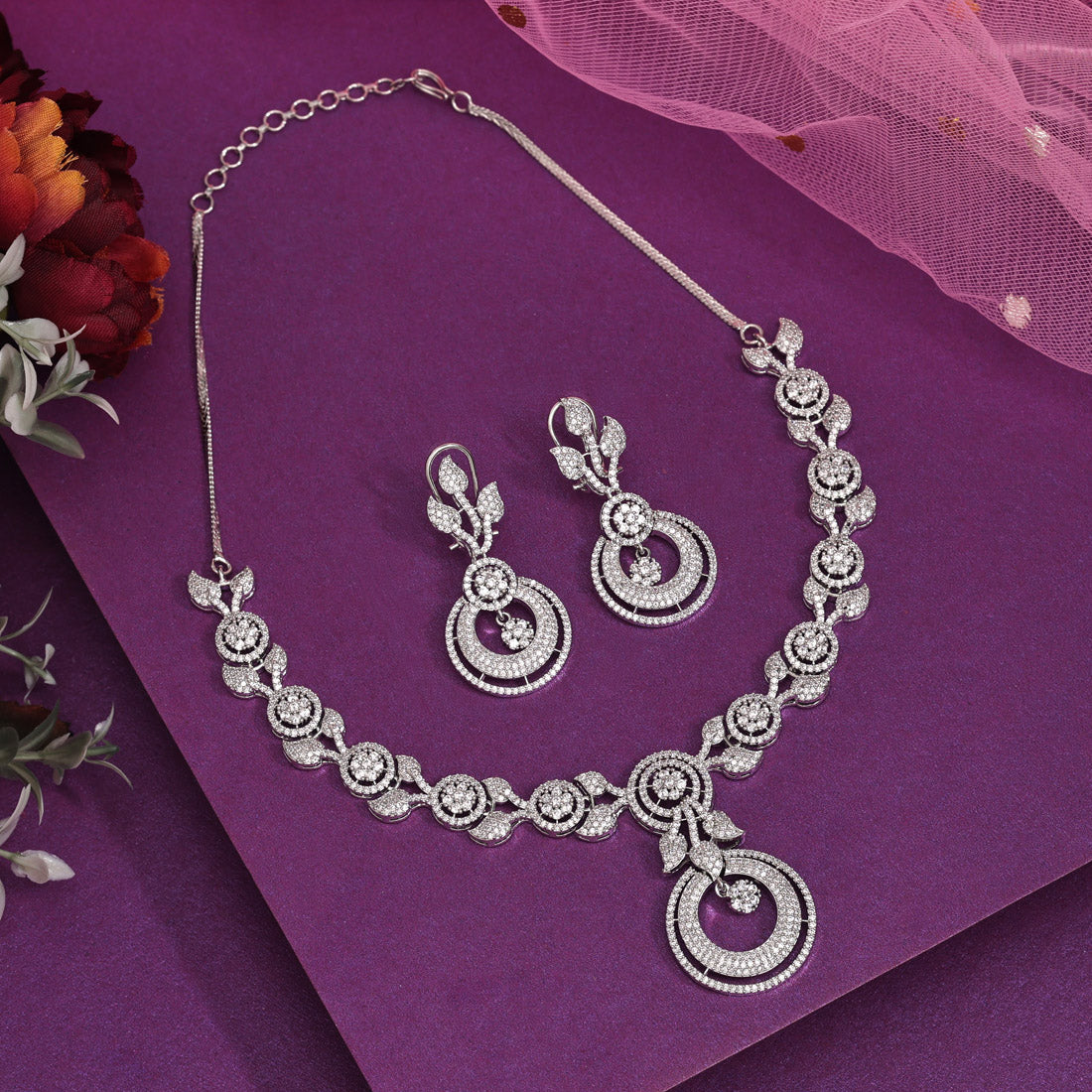 Silver Color American Diamond Necklace Set (CZN979SLV)