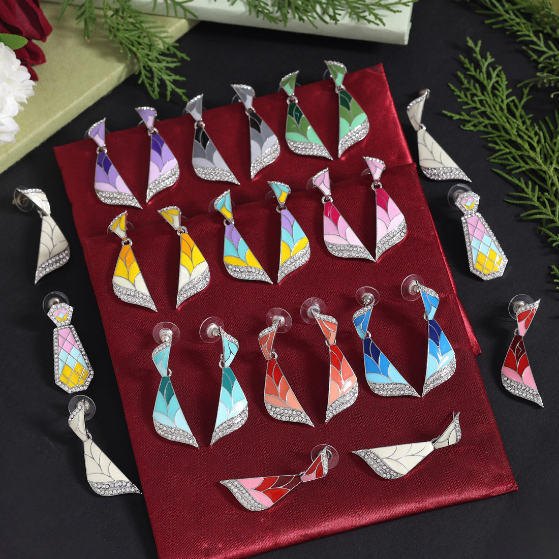 Assorted Color Meena Work 13 Pairs Of Fashion Earrings (FE105CMB)