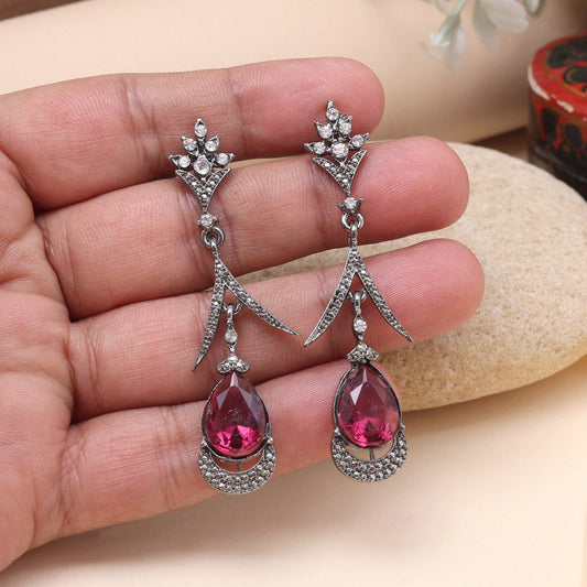 Magenta Color Fashion Earrings With Sparkling Accents For Glamorous Nights