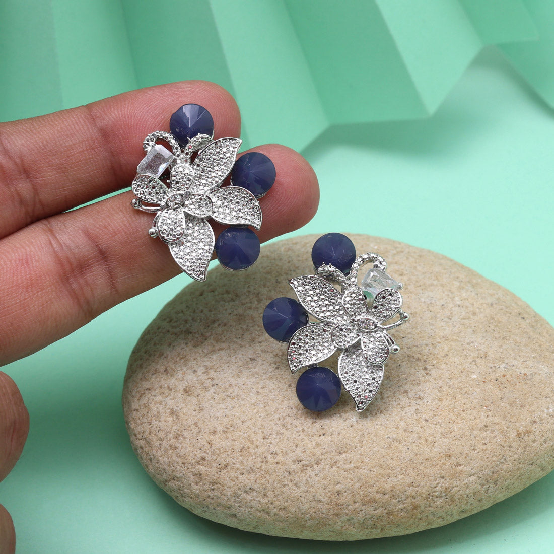 Blue Color Fashion Earrings With Beaded Details For Festive Attire
