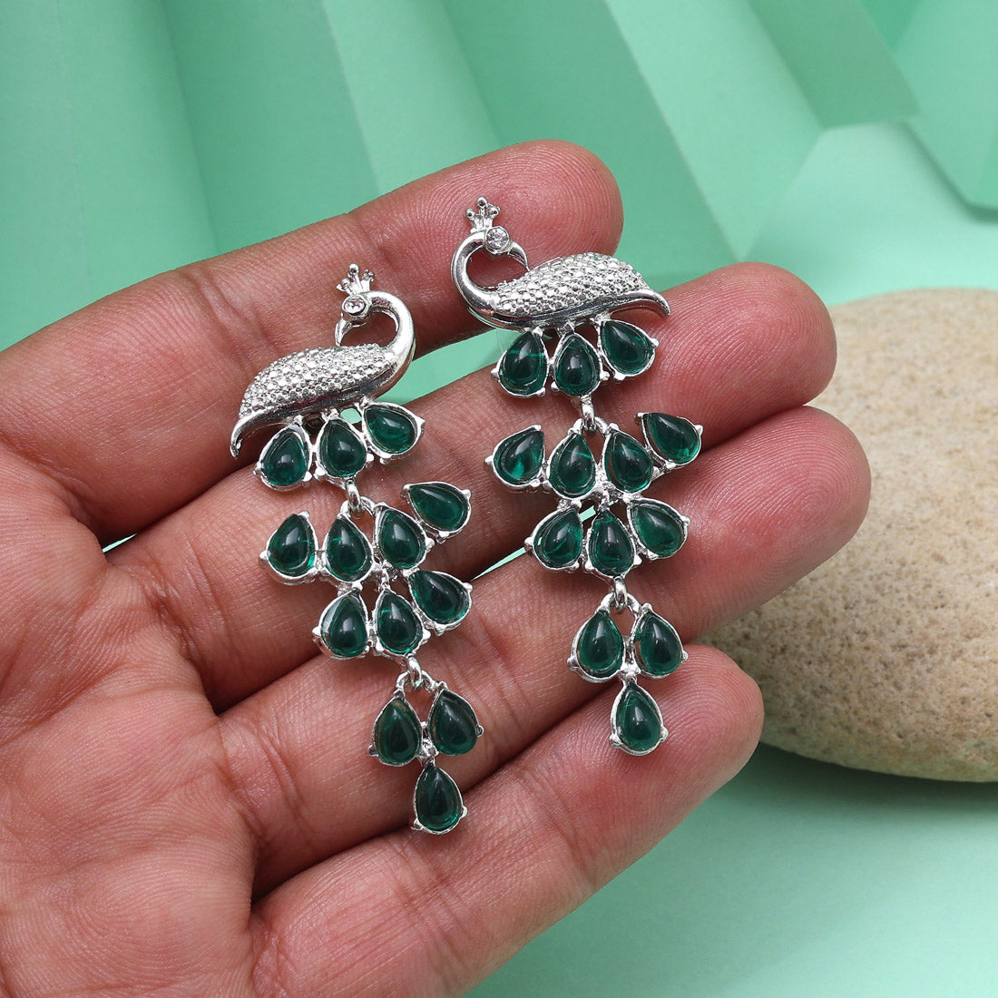 Green Color Fashion Earrings With Detailed Craftsmanship And Artistic Flair