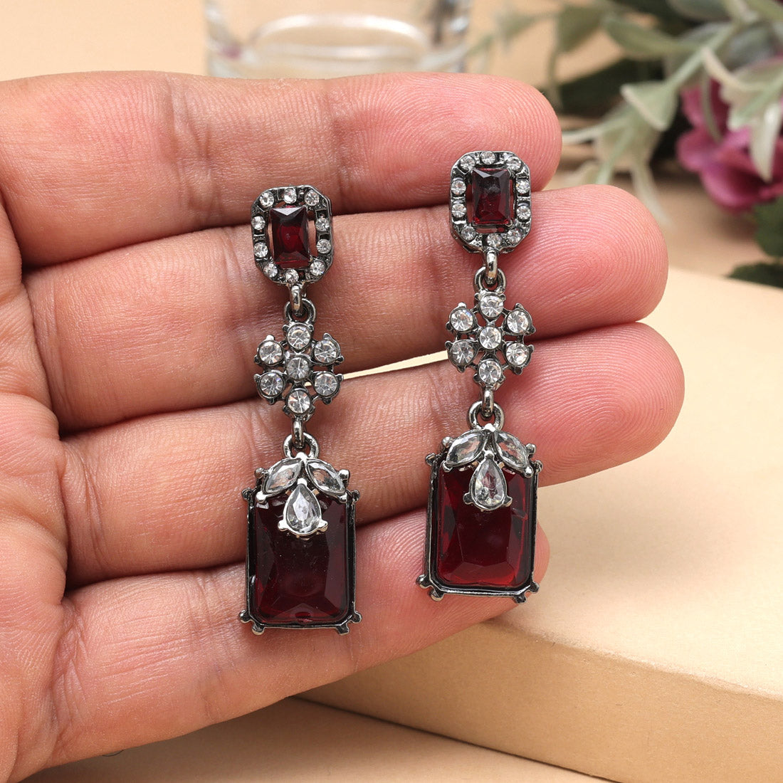 Maroon Color Fashion Earrings In Fancy Style With Pearl Droplets