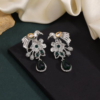 Green Color Fashion Earrings With Peacock Motif And Mirror Accent