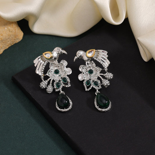 Green Color Fashion Earrings With Peacock Motif And Mirror Accent