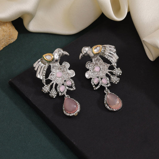 Peach Color Fashion Earrings With Stones And Gold Finish Detailing