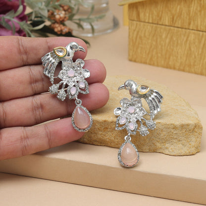 Peach Color Fashion Earrings With Stones And Gold Finish Detailing
