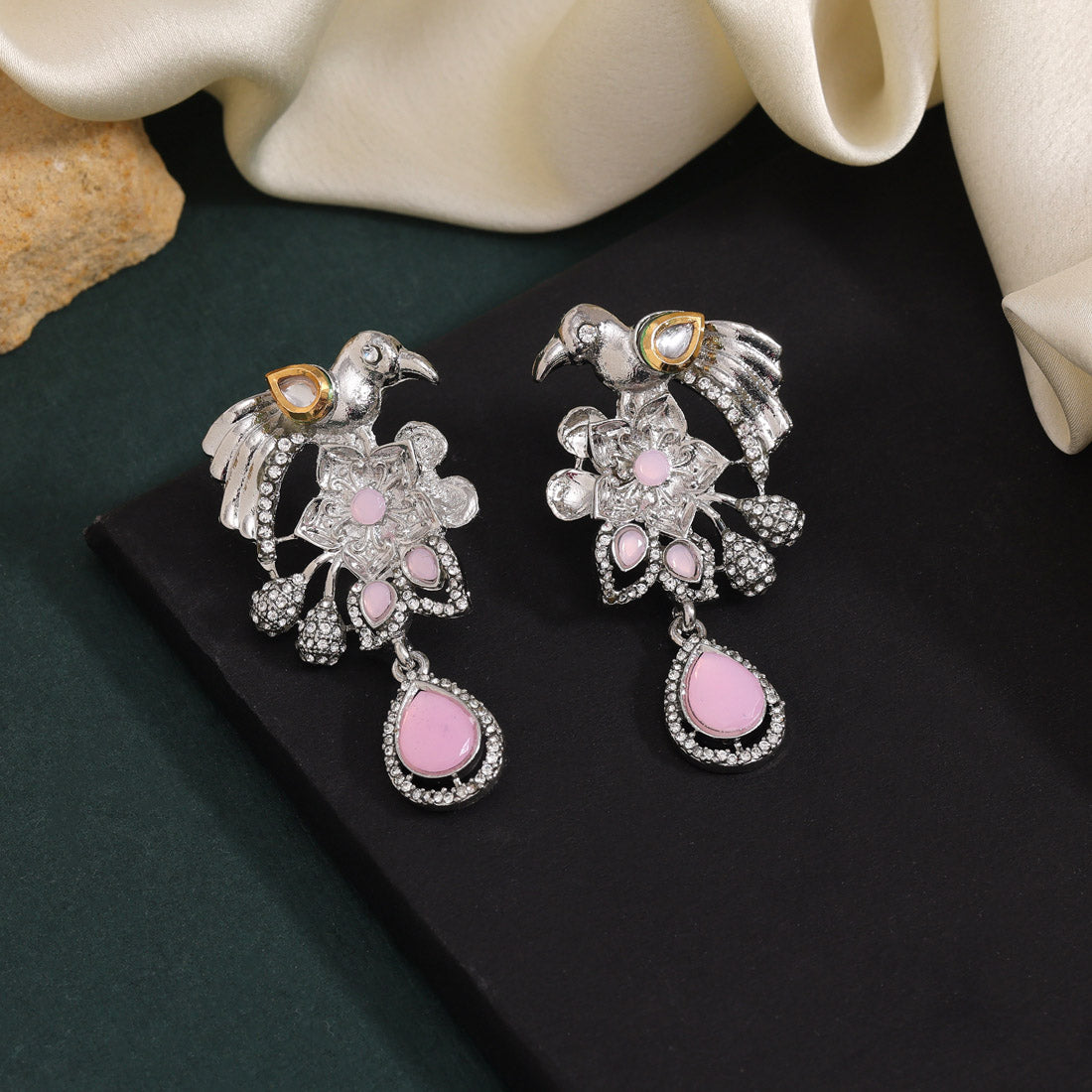 Pink Color Fashion Earrings In Layered Design With Elegant Look