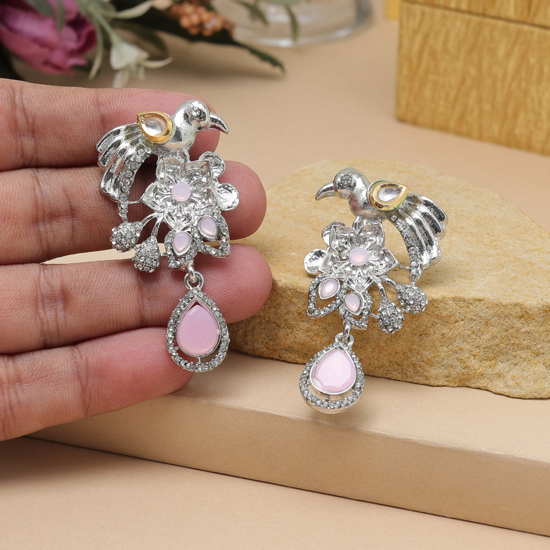 Pink Color Fashion Earrings In Layered Design With Elegant Look