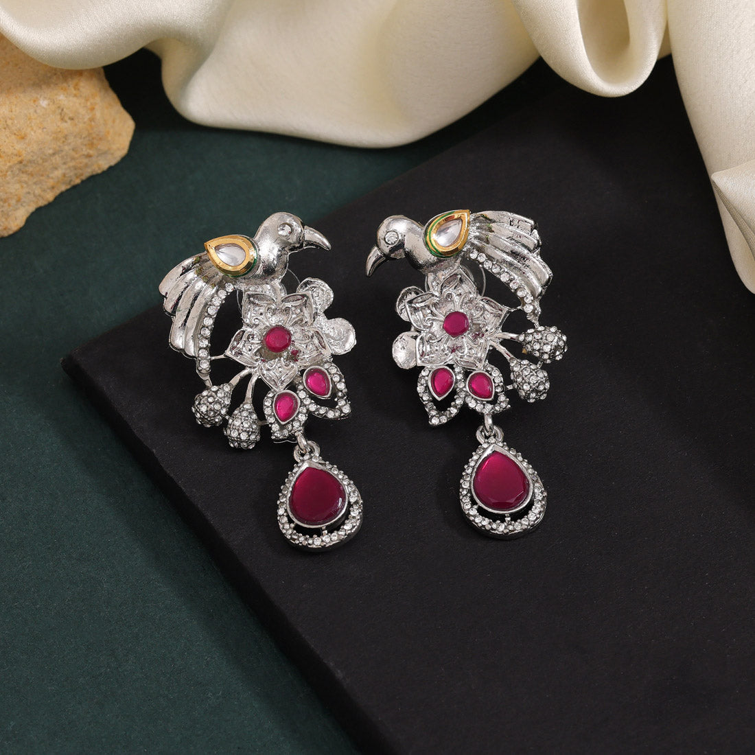 Rani Color Fashion Earrings For Wedding Wear With Floral Highlights