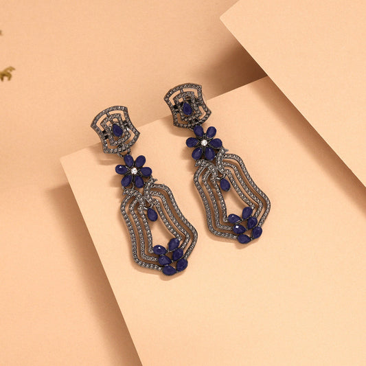 Blue Color Fashion Earrings With Studded Stones And Dangling Beads
