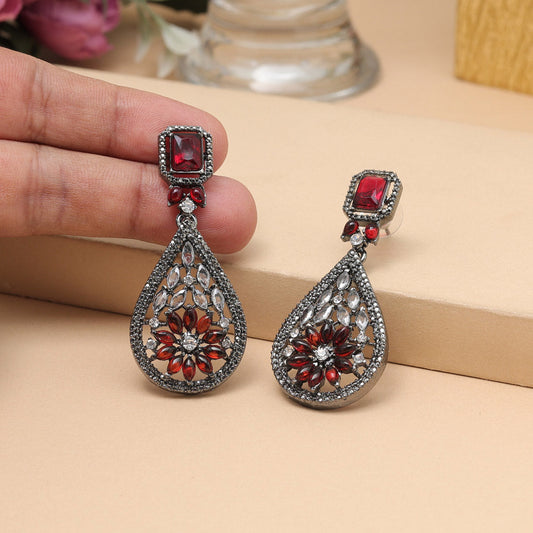 Maroon Color Fashion Earrings With Stonework For Bridal Functions