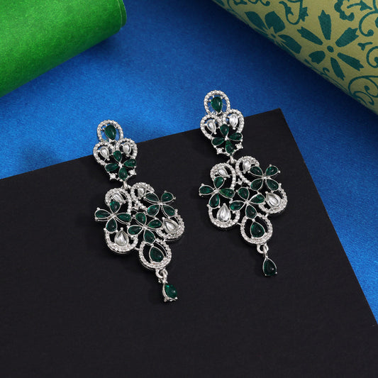 Green Color Fashion Earrings With Floral Carving And Handmade Touch