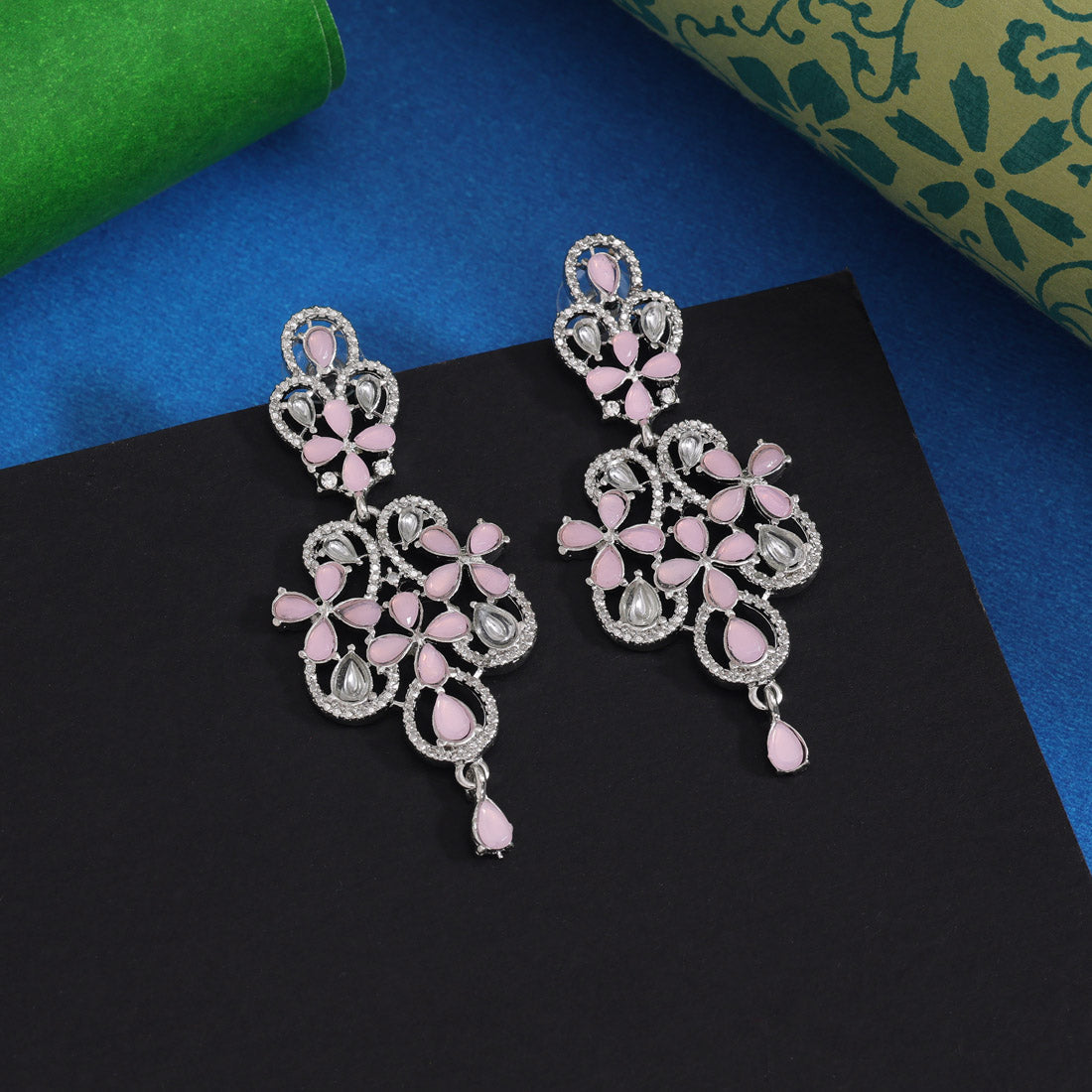 Pink Color Fashion Earrings With Elegant Stone Studs And Glossy Touch