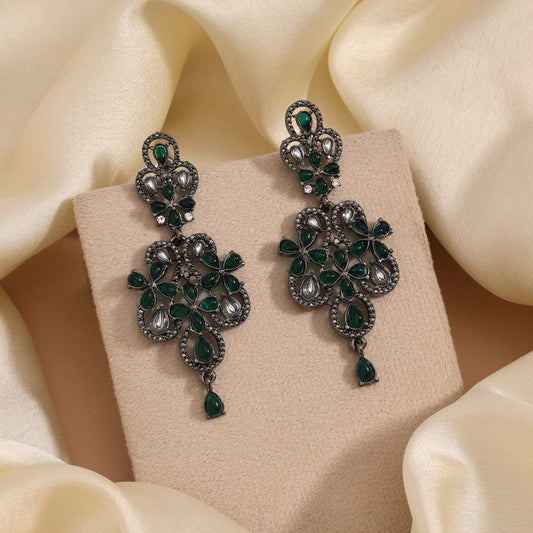 Green Color Fashion Earrings In Classic Peacock Inspired Pattern