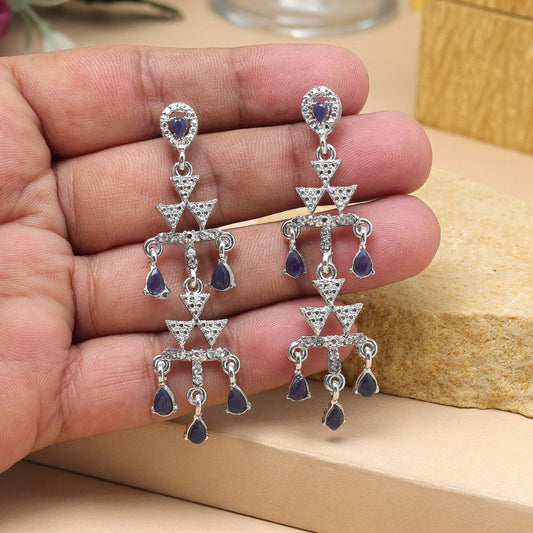 Blue Color Fashion Earrings With Sparkling Stones And Gloss Finish