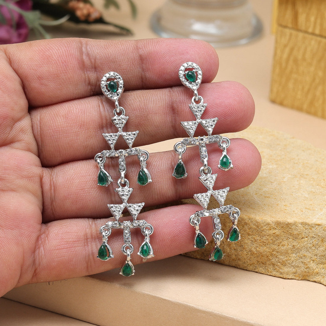 Green Color Fashion Earrings With Mirror Detailing And Boho Style