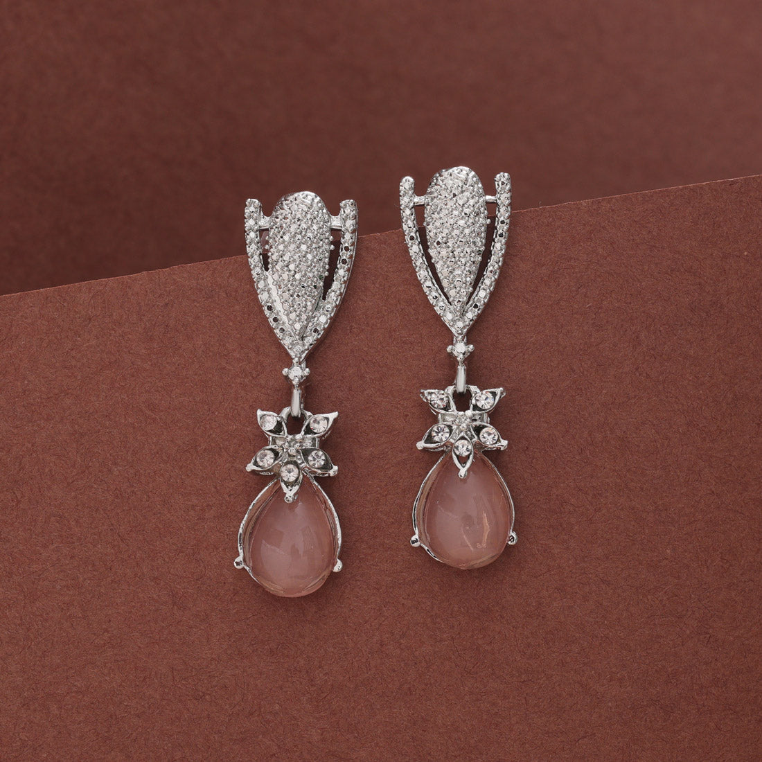 Peach Color Fashion Earrings With Crystal Finish And Jhumka Base