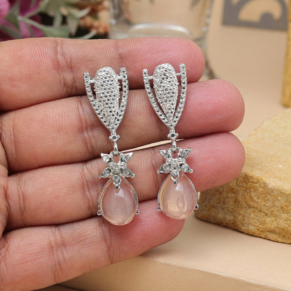Peach Color Fashion Earrings With Crystal Finish And Jhumka Base