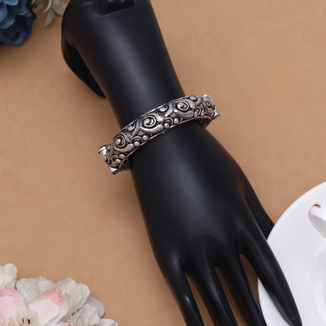 Graceful Silver Color Openable Oxidised Bracelet With Intricate Handcrafted Details