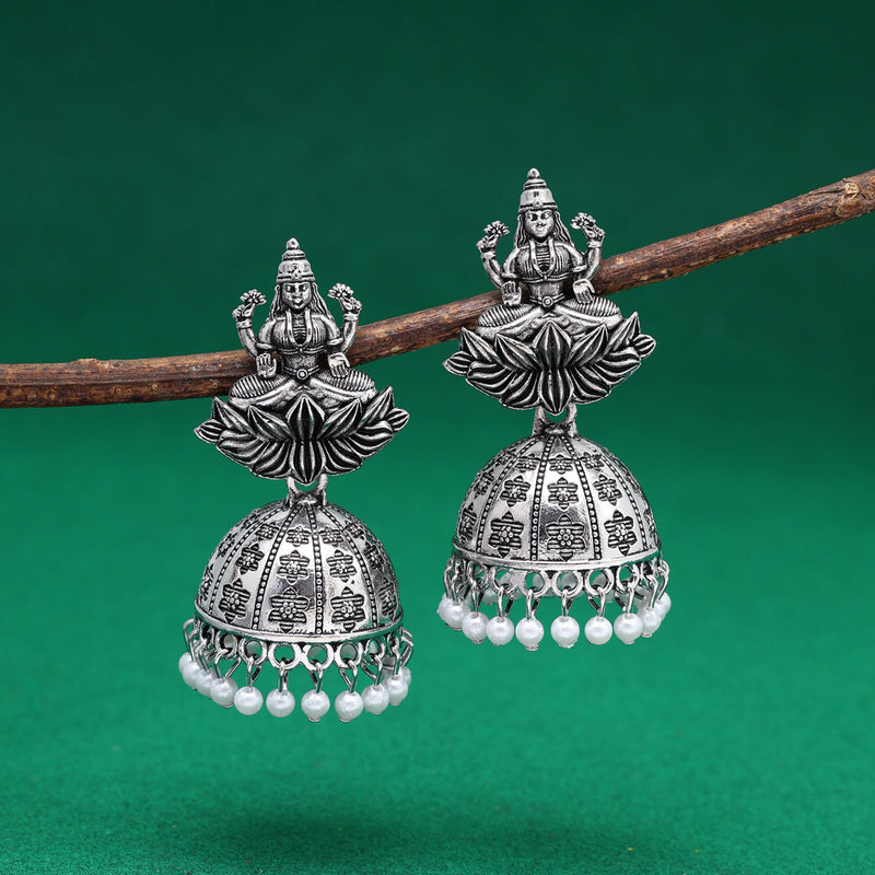 Silver Color Goddess Laxmi Temple Oxidised Earrings (GSE2798SLV)