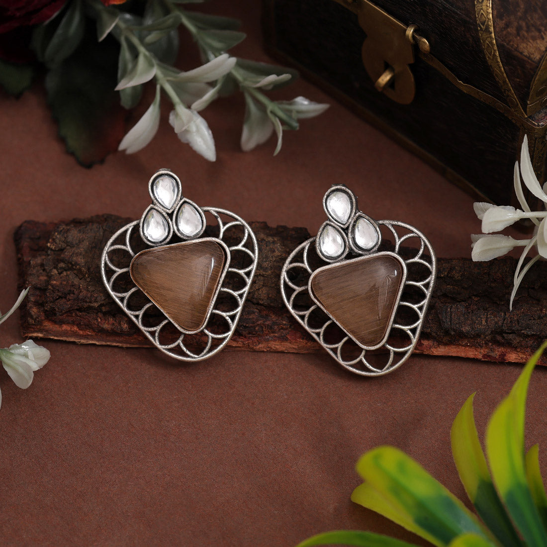 Peach Color Monalisa Stone Oxidised Earrings (GSE2829PCH)