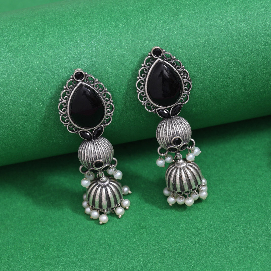 Black Color Monalisa Stone Oxidised Earrings (GSE2958BLK)