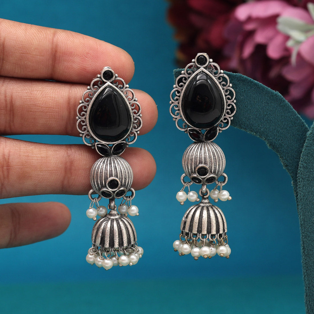 Black Color Monalisa Stone Oxidised Earrings (GSE2958BLK)