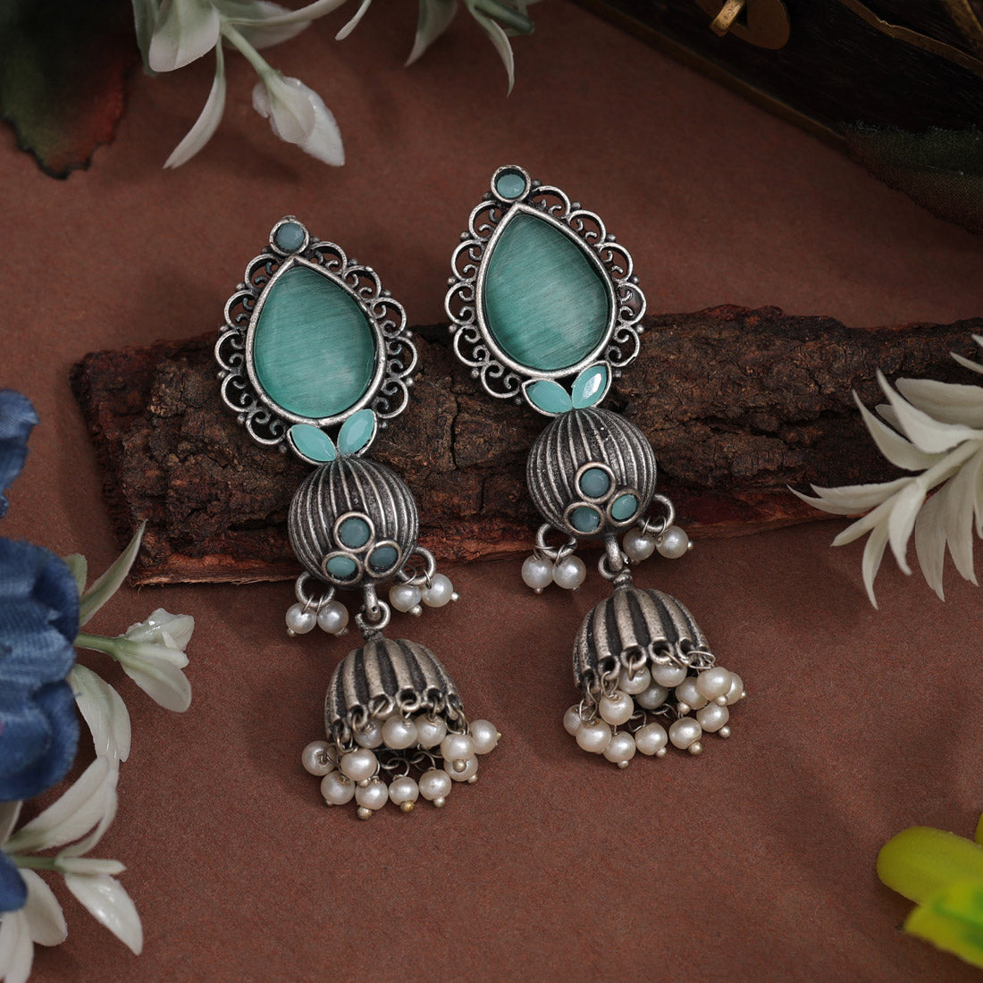 Pista Green Color Monalisa Stone Oxidised Earrings (GSE2958PGRN)
