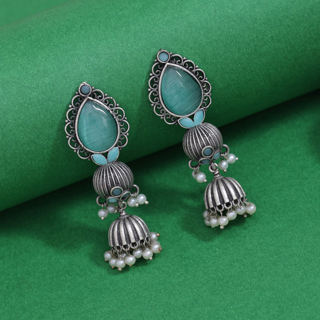 Pista Green Color Monalisa Stone Oxidised Earrings (GSE2958PGRN)