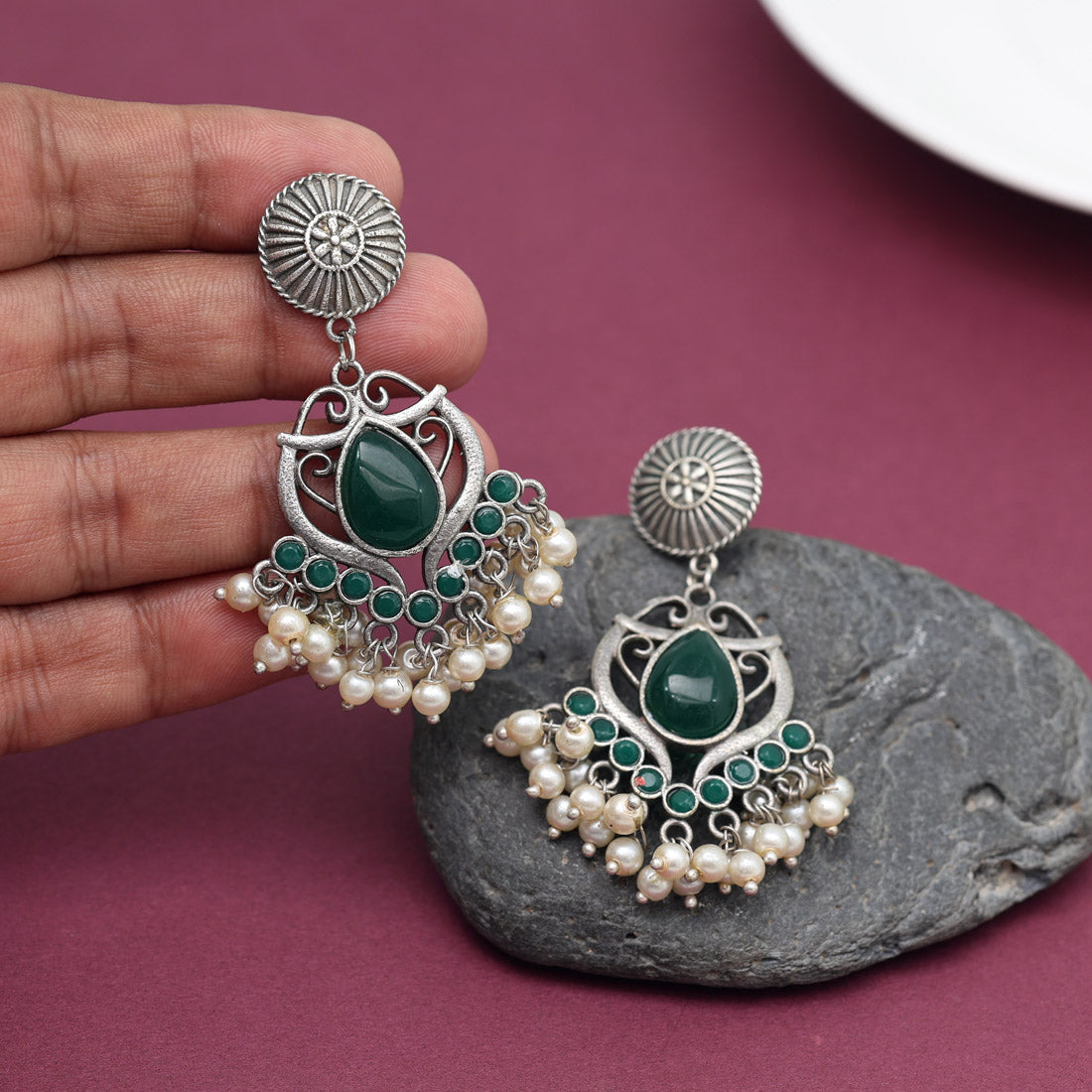 Green Color Oxidised Earrings (GSE2961GRN)