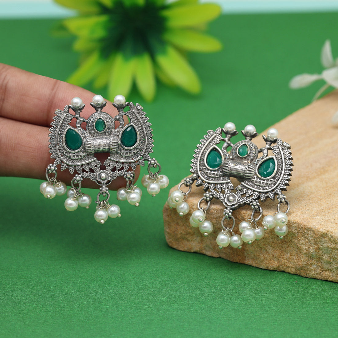 Green Color Oxidised Earrings (GSE2962GRN)