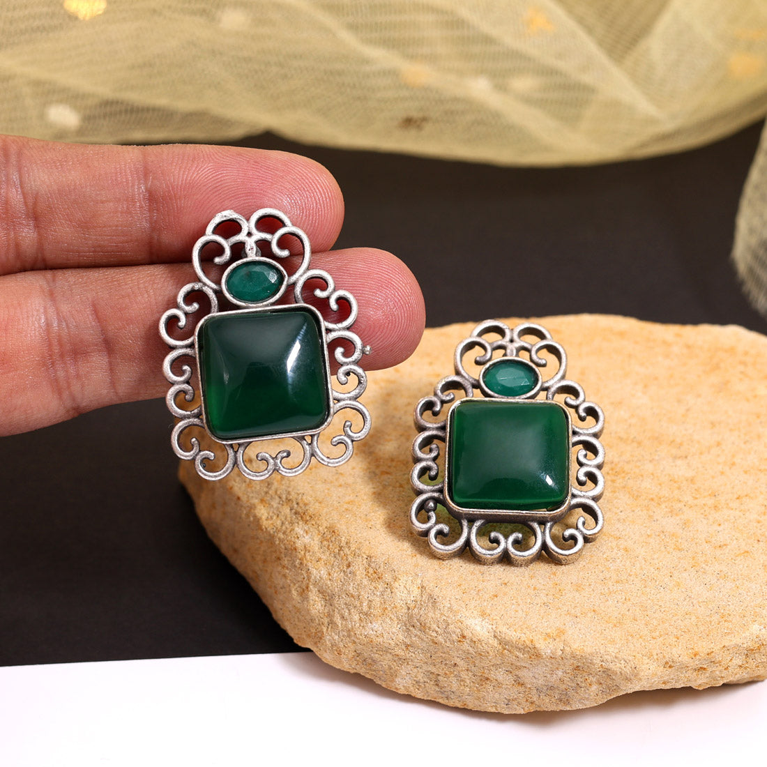 Green Color Oxidised Earrings (GSE2992GRN)