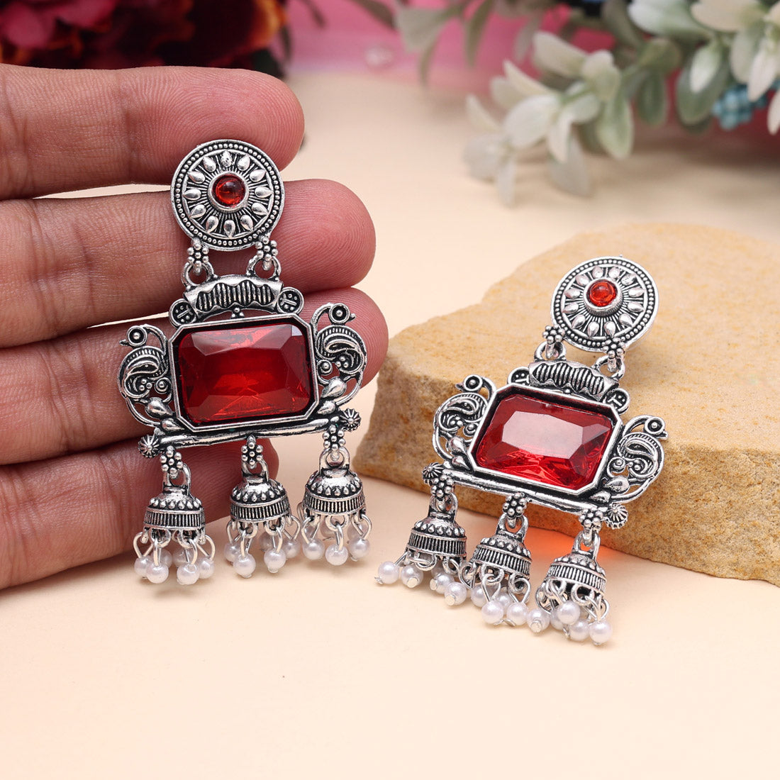 Red Color Oxidised Earrings (GSE3073RED)
