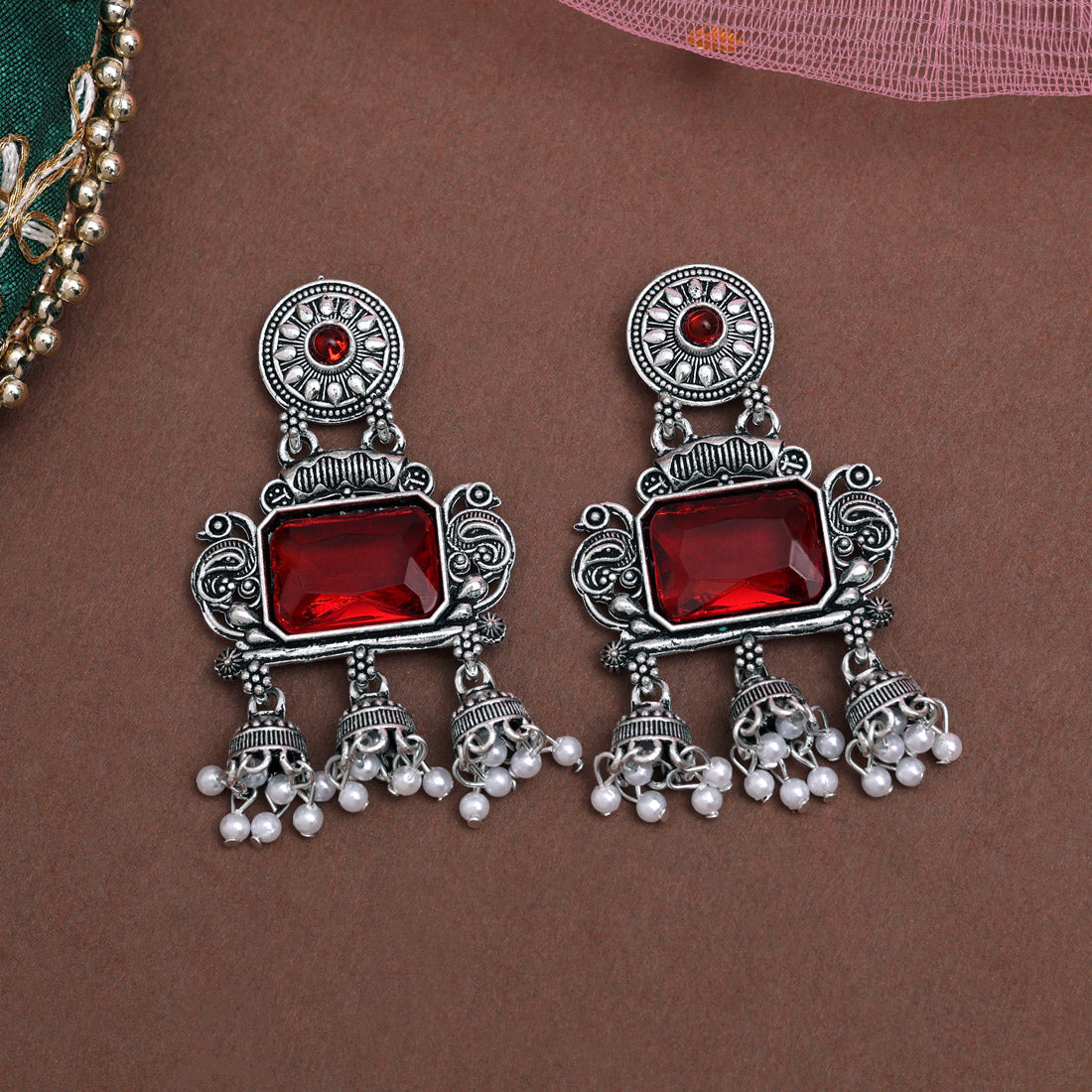 Red Color Oxidised Earrings (GSE3073RED)