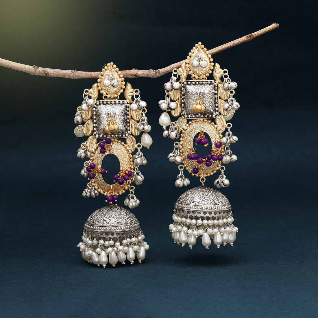 Gold & Silver Color Handmade In Jaipur On Brass Metal Oxidised Earrings (GSE3075GS)
