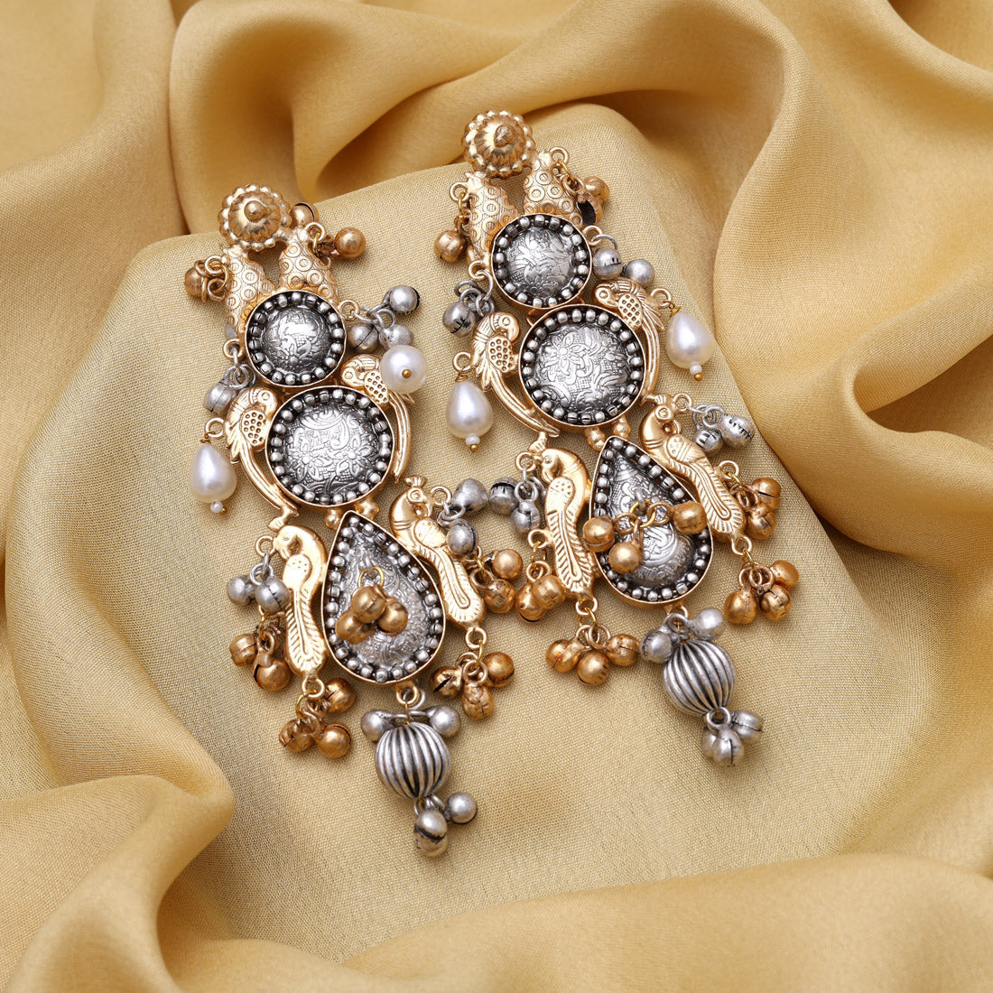 Gold & Silver Color Handmade In Jaipur On Brass Metal Oxidised Earrings (GSE3076GS)