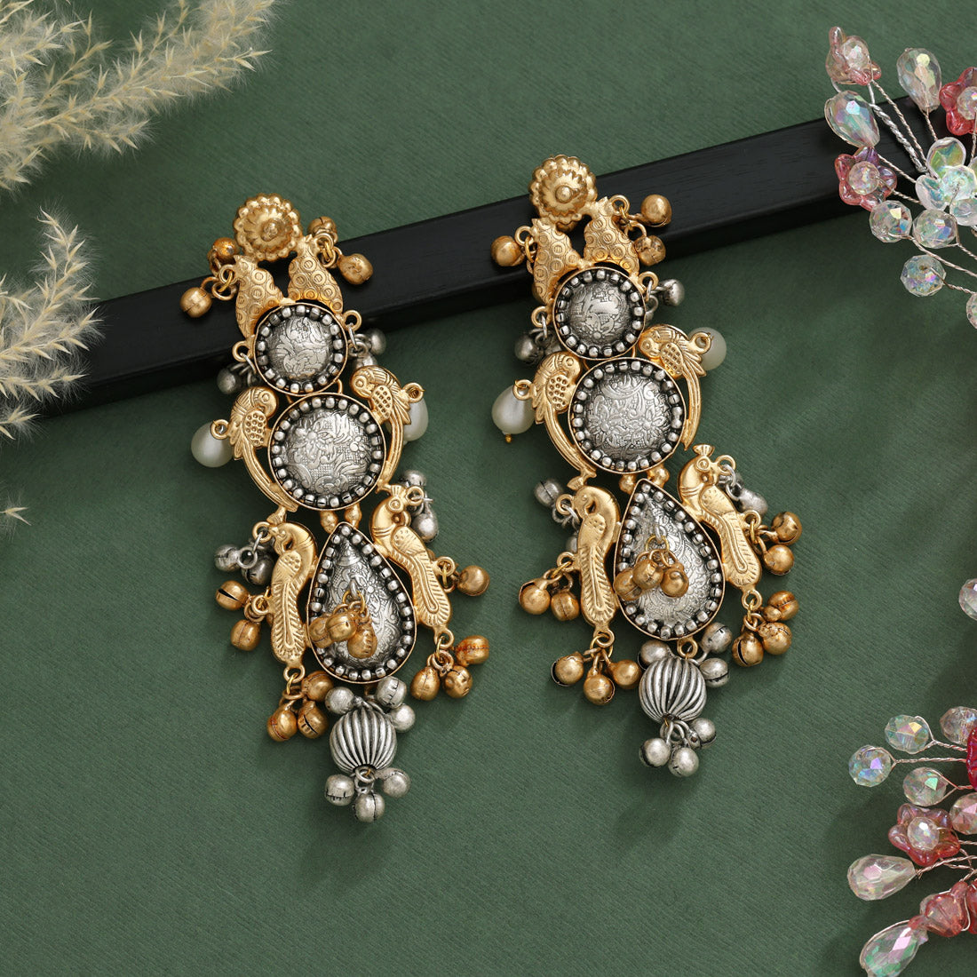Gold & Silver Color Handmade In Jaipur On Brass Metal Oxidised Earrings (GSE3076GS)