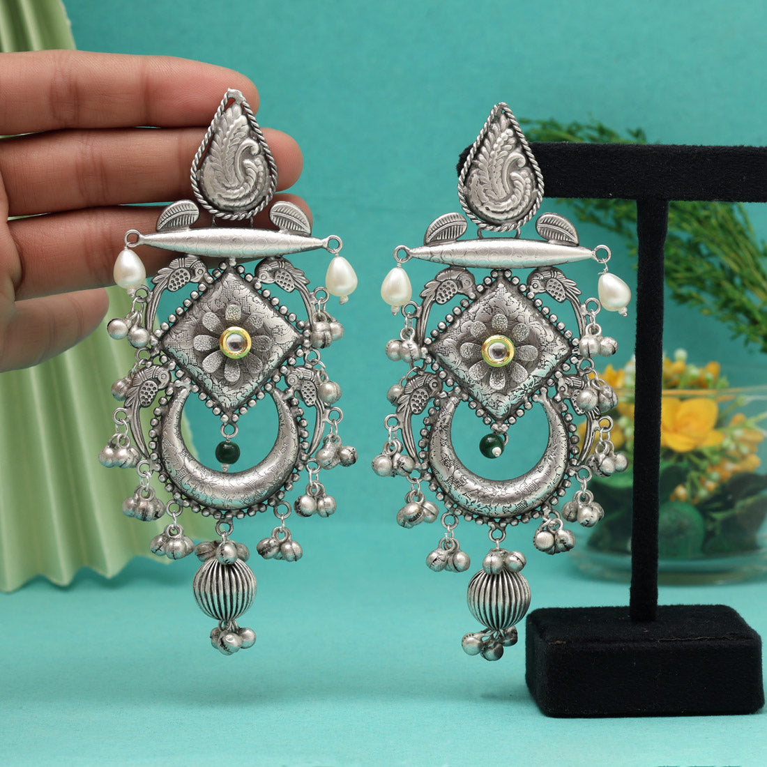 Silver Polish Unique Look Premium Handmade Jaipuri Earrings (GSE3085SLV)
