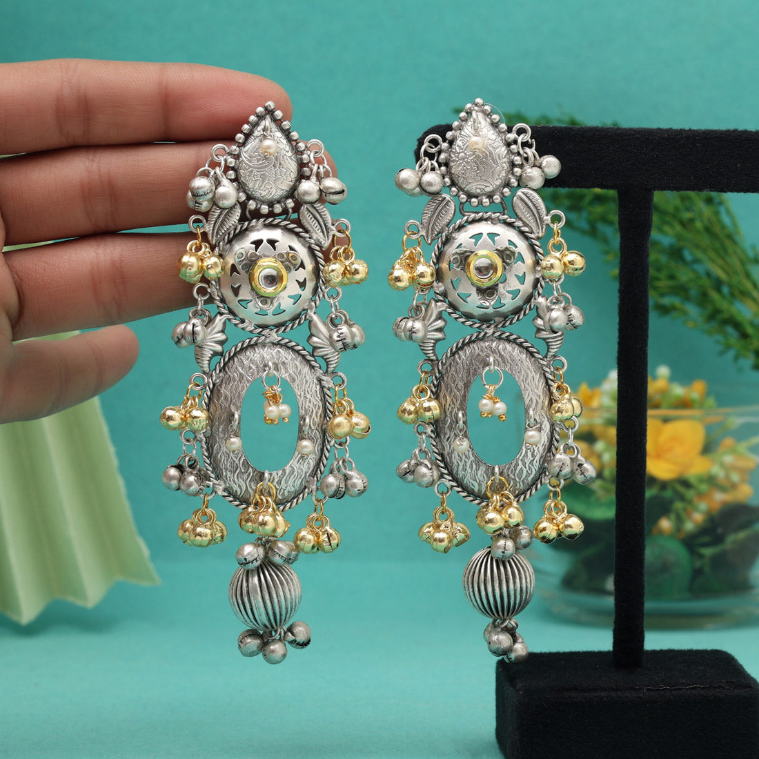 Gold & Silver Color Unique Look Premium Handmade Jaipuri Earrings in Two tone Beads (GSE3086GS)