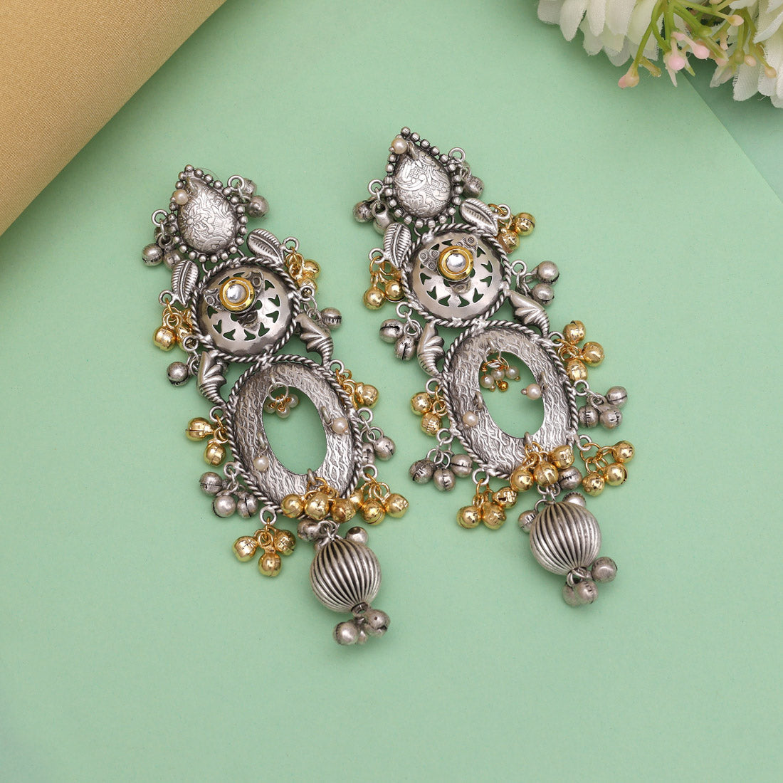 Gold & Silver Color Unique Look Premium Handmade Jaipuri Earrings in Two tone Beads (GSE3086GS)