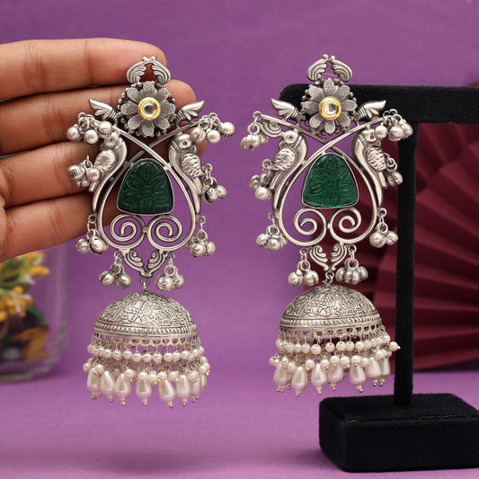 Silver Polish Handmade Brass Earrings with Monalisa Stones in Big Earrings (GSE3087GRN)