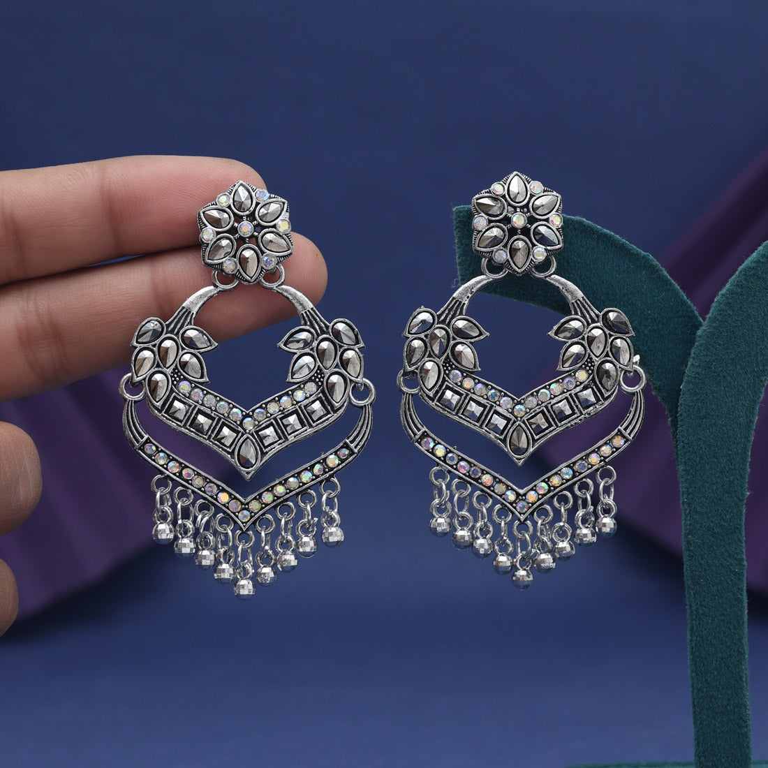 Silver Color Glass Stone Oxidised Earrings
