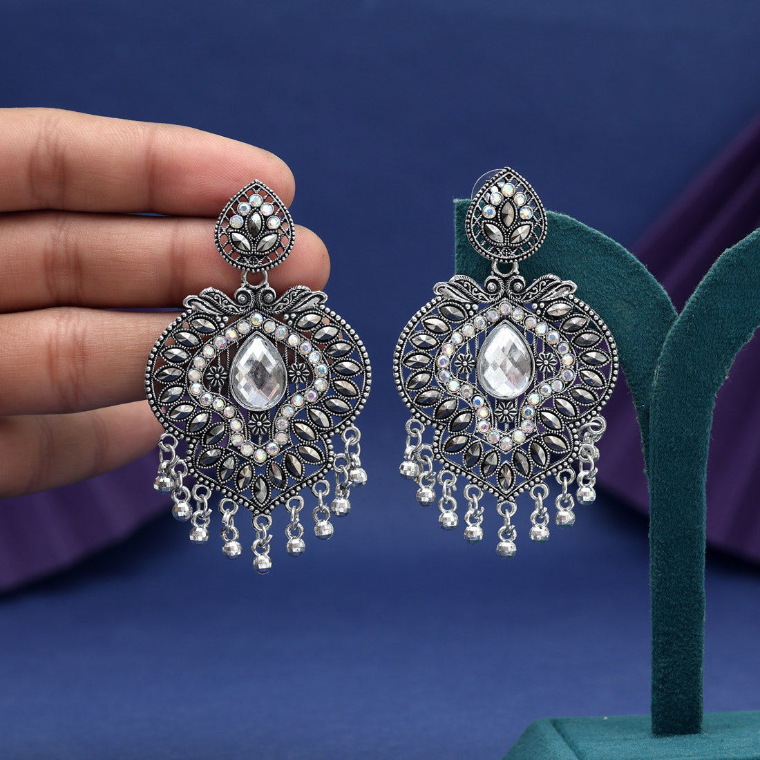 Silver Color Glass Stone Oxidised Earrings