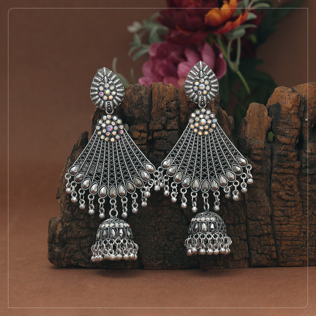 Silver Color Glass Stone Oxidised Earrings