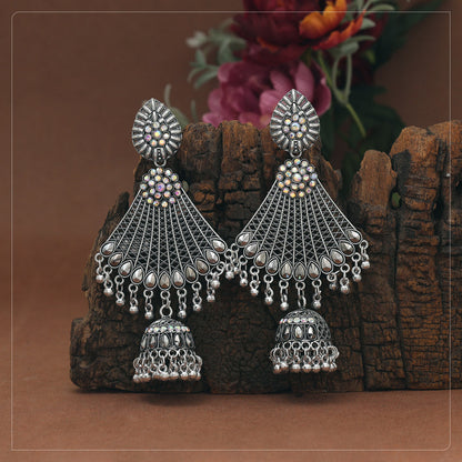 Silver Color Glass Stone Oxidised Earrings