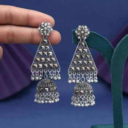 Silver Color Glass Stone Oxidised Earrings