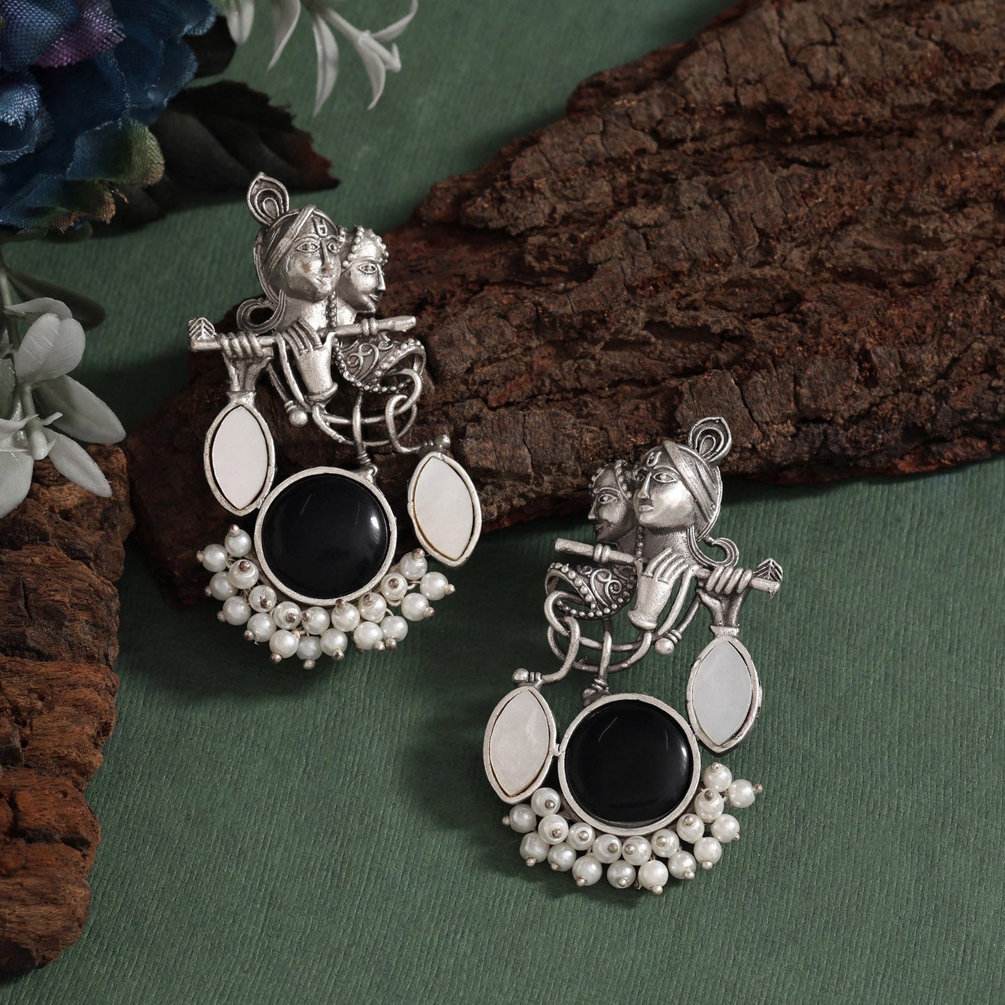 Black Color Oxidised Earrings Featuring Lord Radha Krishna Classic Theme